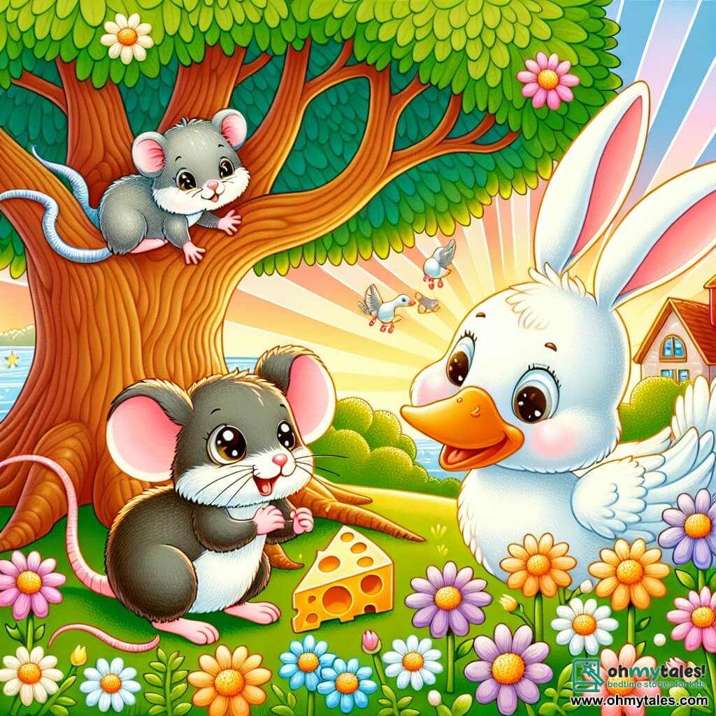 Une illustration sous forme de dessin destinée aux enfants représentant un jardin ensoleillé avec un grand chêne, où un petit rat aux yeux pétillants et à la fourrure grise cherche désespérément un morceau de fromage, entouré d'une adorable lapine aux grandes oreilles blanches qui l'aide en scrutant les fleurs, et d'un oie amusante aux plumes blanches qui se tient à côté, tous trois partageant un moment de camaraderie et de mystère, tandis qu'un écureuil malicieux, tenant un gros morceau de fromage, les observe avec un sourire espiègle.
