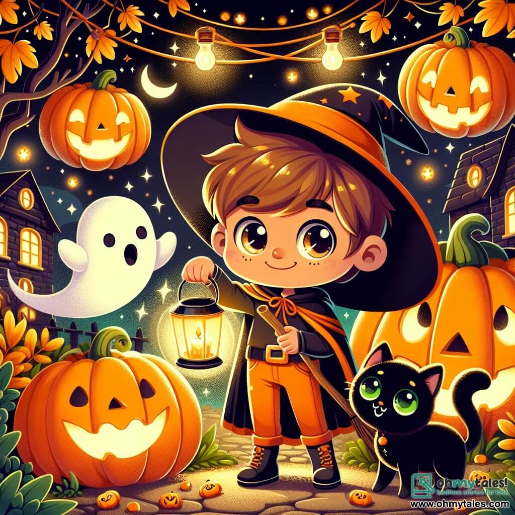 Une illustration sous forme de dessin destinée aux enfants représentant un jardin enchanté d'Halloween, rempli de grandes citrouilles souriantes et de feuilles dorées, où un garçon de 5 ans aux cheveux bruns et aux yeux pétillants, vêtu d'un costume de sorcier orange, tient une lanterne magique qui brille d'une douce lumière, tandis qu'un petit fantôme amical avec de grands yeux ronds flotte à ses côtés, et un chat noir aux yeux verts, curieux et espiègle, se faufile entre les décorations, tous deux souriant et prêts à partager des bonbons dans une atmosphère joyeuse et festive.
