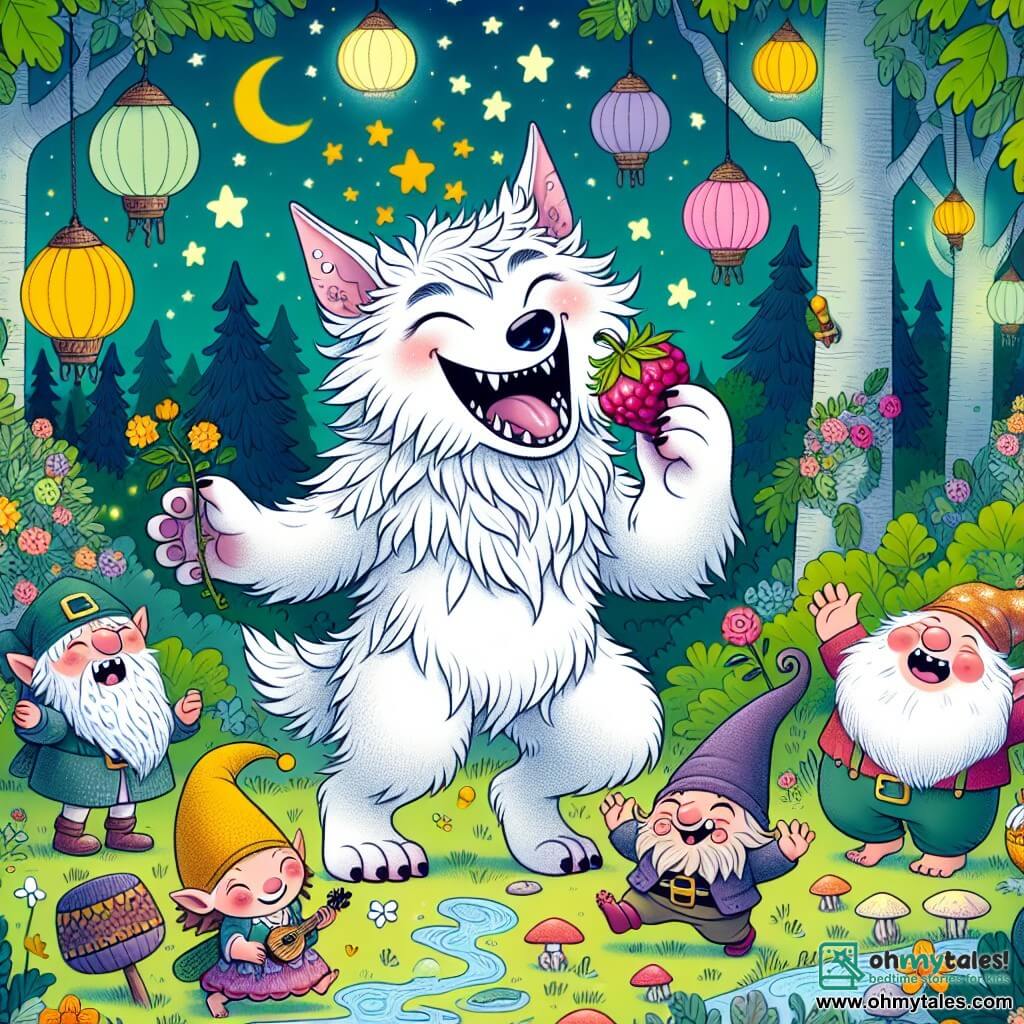 Une illustration sous forme de dessin destinée aux enfants représentant une clairière enchantée dans les Whimsical Woods, où un loup-garou au pelage doux et crémeux, aux yeux pétillants de malice, se tient au centre en riant tout en tenant une Giggleberry juteuse, entouré de ses amis : un petit gnome scintillant avec un chapeau pointu et une grande oreille, qui danse joyeusement, et un énorme géant au ventre rond et spongieux, éclaboussant de l'eau en riant, tandis qu'ils préparent un festival de rires et de partage sous un ciel étoilé, avec des lanternes colorées suspendues aux arbres et des fleurs chantantes qui ajoutent à l'atmosphère festive.