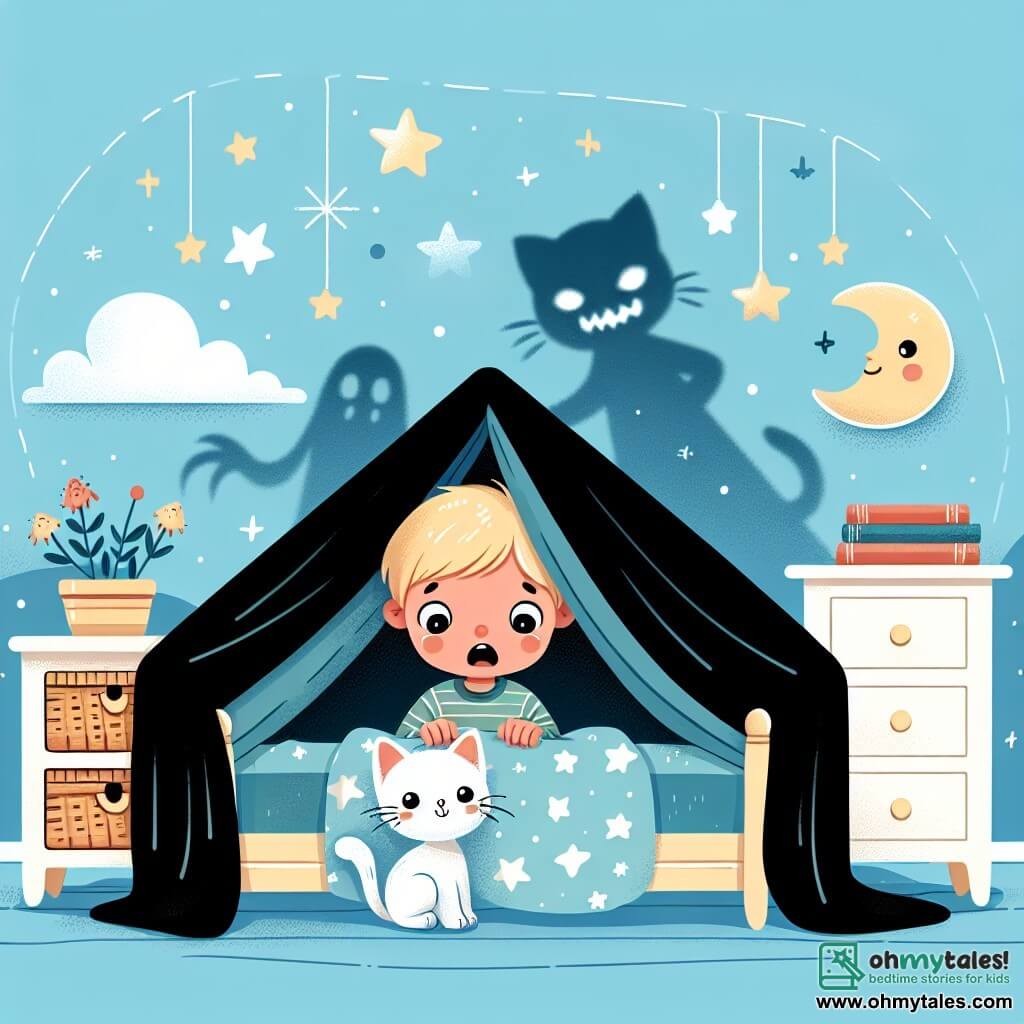 Une illustration destinée aux enfants représentant un jeune garçon tremblant sous ses couvertures, avec des ombres effrayantes qui dansent sur les murs de sa chambre, et un adorable petit chaton ronronnant à ses côtés, dans une petite maison chaleureuse aux murs bleu ciel, avec des étoiles et des lunes scintillantes suspendues au plafond.