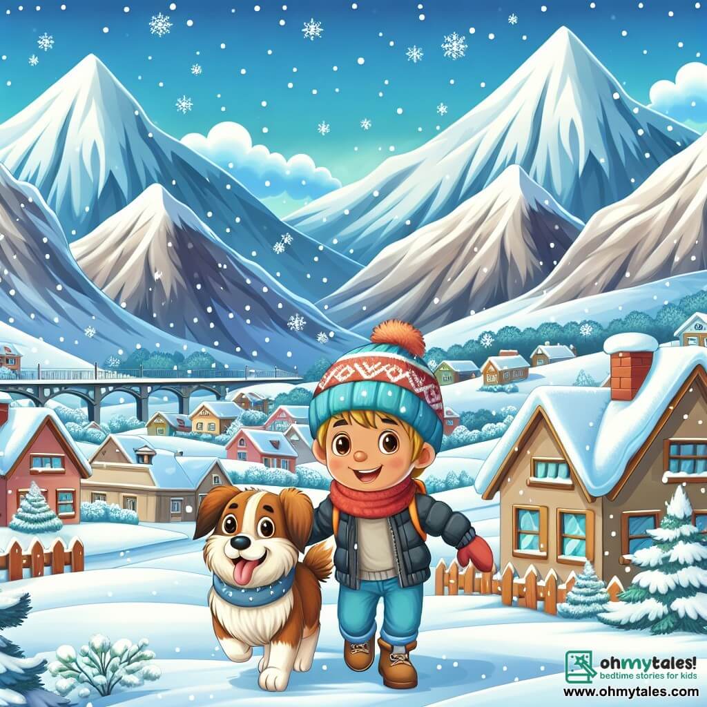 Une illustration destinée aux enfants représentant un garçon enthousiaste découvrant les merveilles de l'hiver en compagnie de son fidèle chien, dans une petite ville enneigée entourée de montagnes majestueuses, où les toits scintillent comme des diamants sous le doux éclat du soleil.