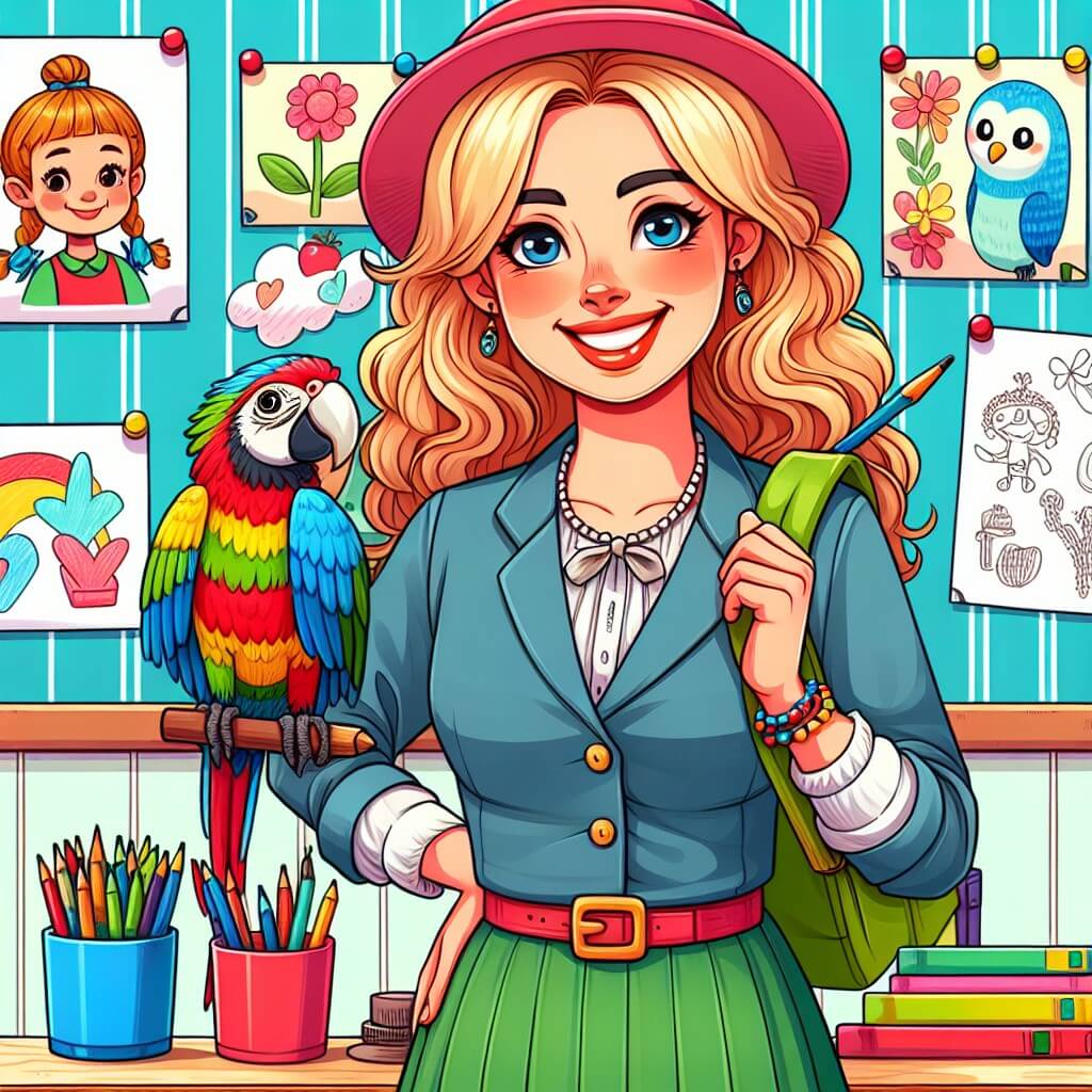 Une illustration destinée aux enfants représentant une institutrice bienveillante et souriante, accompagnée de son perroquet, dans une salle de classe colorée remplie de dessins, de livres et de jouets.