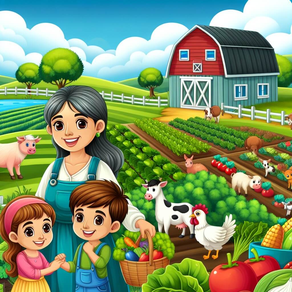 Une illustration destinée aux enfants représentant une femme agricultrice bienveillante, entourée de ses enfants, qui découvrent les merveilles de la ferme, avec des champs verdoyants, une grange colorée, des animaux joyeux et un magnifique potager regorgeant de légumes et de fruits juteux.
