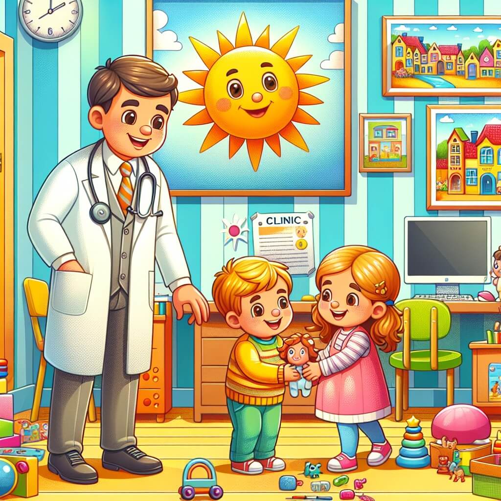 Une illustration destinée aux enfants représentant un homme bienveillant vêtu d'une blouse blanche, accompagné de deux enfants curieux, explorant une clinique colorée remplie de jouets, avec des tableaux accrochés aux murs et un bureau rempli de livres et d'un ordinateur, dans la petite ville ensoleillée de Sunnyville.