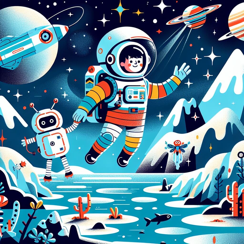 Une illustration destinée aux enfants représentant un homme intrépide, vêtu d'une combinaison spatiale colorée, flottant dans l'espace, accompagné d'un astronaute expérimenté et d'un adorable robot, explorant une planète lointaine avec des montagnes aux sommets enneigés, des rivières scintillantes et des créatures étranges.