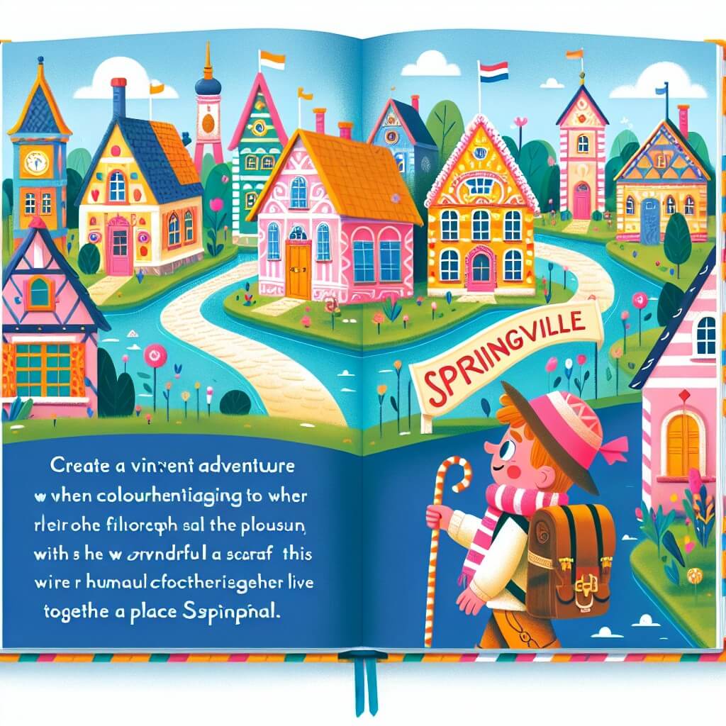Une illustration destinée aux enfants représentant un jeune aventurier curieux, arpentant un village coloré où les maisons ressemblent à des bonbons, découvrant une nouvelle amitié avec une fille portant un magnifique foulard, dans un endroit appelé Springville, où les gens de toutes les cultures vivent ensemble en harmonie.