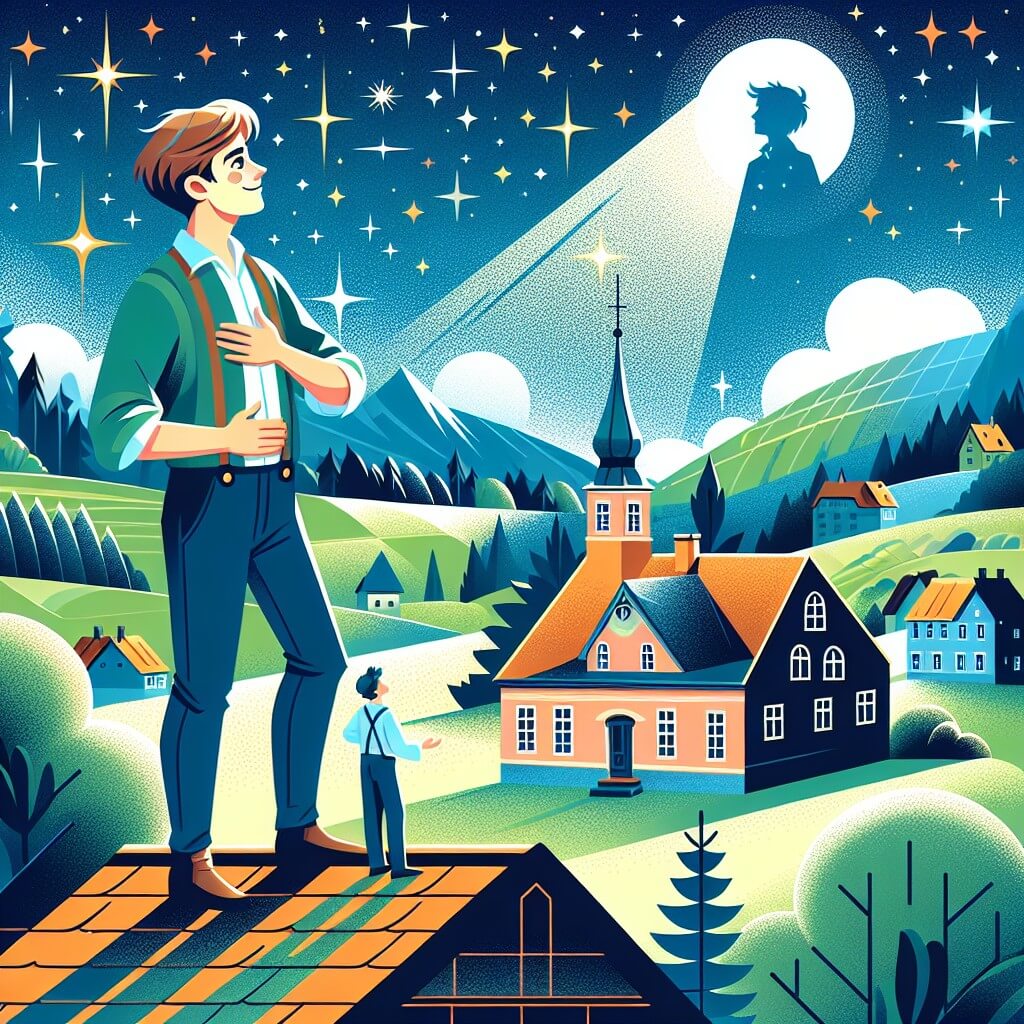 Une illustration destinée aux enfants représentant un jeune homme passionné par les étoiles, se tenant sur le toit de sa maison, observant le ciel étoilé, avec en arrière-plan une petite ville pittoresque appelée Brightville, entourée de collines verdoyantes et baignée par les doux rayons de la lune.