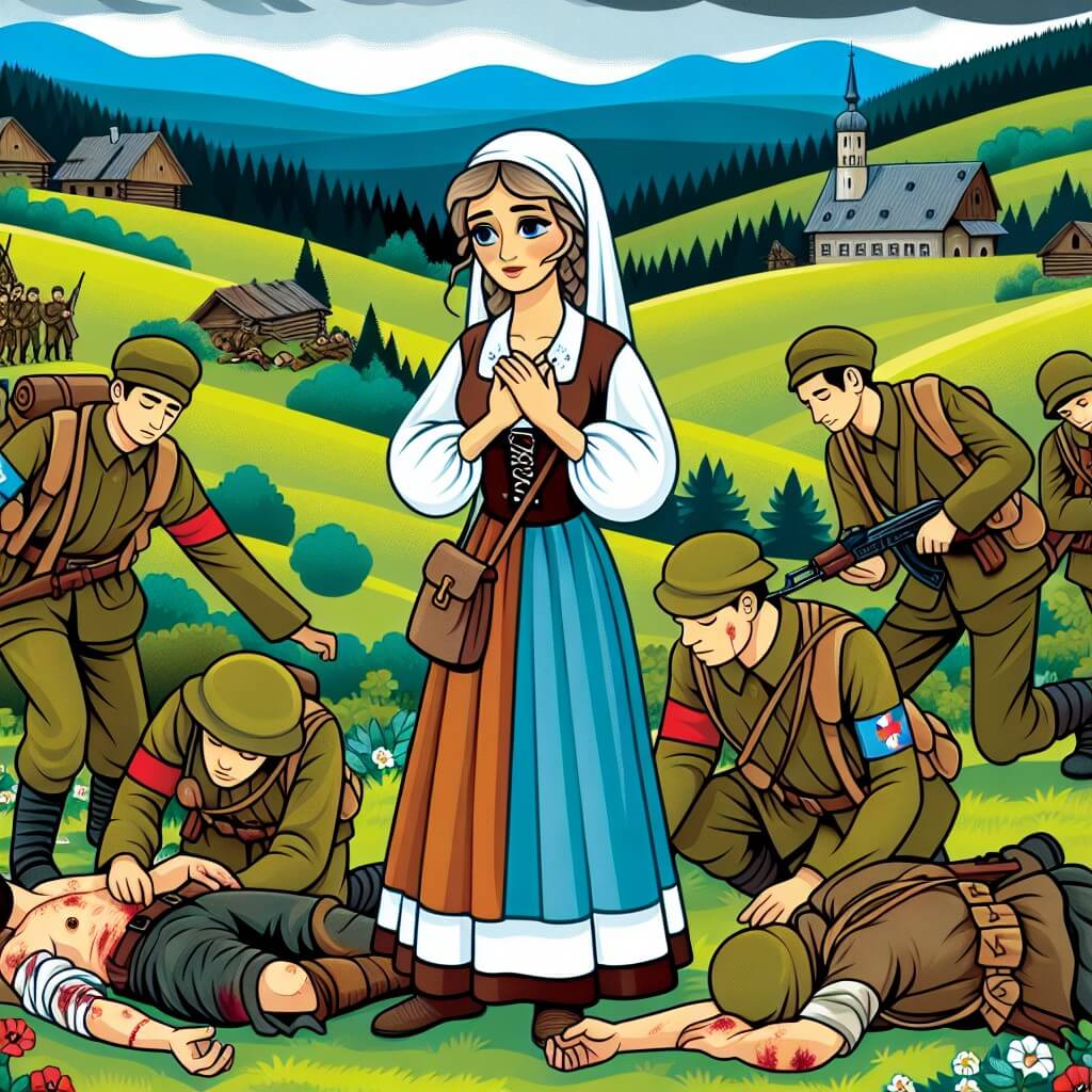 Une illustration destinée aux enfants représentant une femme courageuse et bienveillante, entourée de soldats blessés, dans un village paisible au milieu de collines verdoyantes, pendant une guerre dévastatrice.