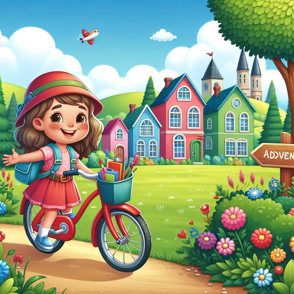 Une illustration destinée aux enfants représentant une petite fille joyeuse et imaginative, préparant une journée d'aventure pour son papa, dans une petite ville ensoleillée où les maisons colorées bordent des champs verdoyants et un vélo rouge étincelant attend patiemment à l'entrée de la forêt enchantée.