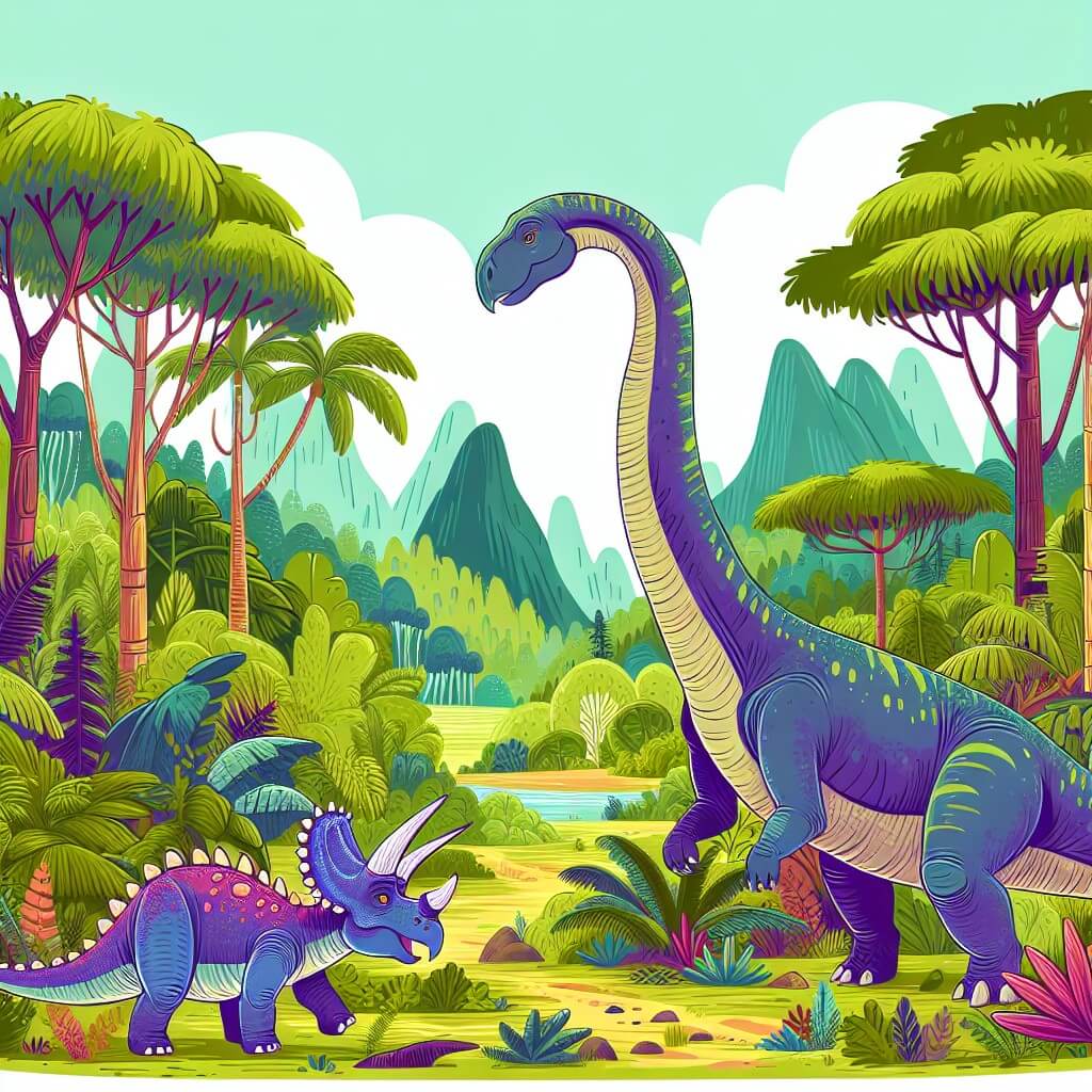 Une illustration destinée aux enfants représentant un majestueux géant à long cou, évoluant au cœur d'une luxuriante forêt préhistorique, où il rencontre un adorable compagnon tricératops, tandis que des dinosaures colorés et fascinants peuplent un vaste et mystérieux vallée.