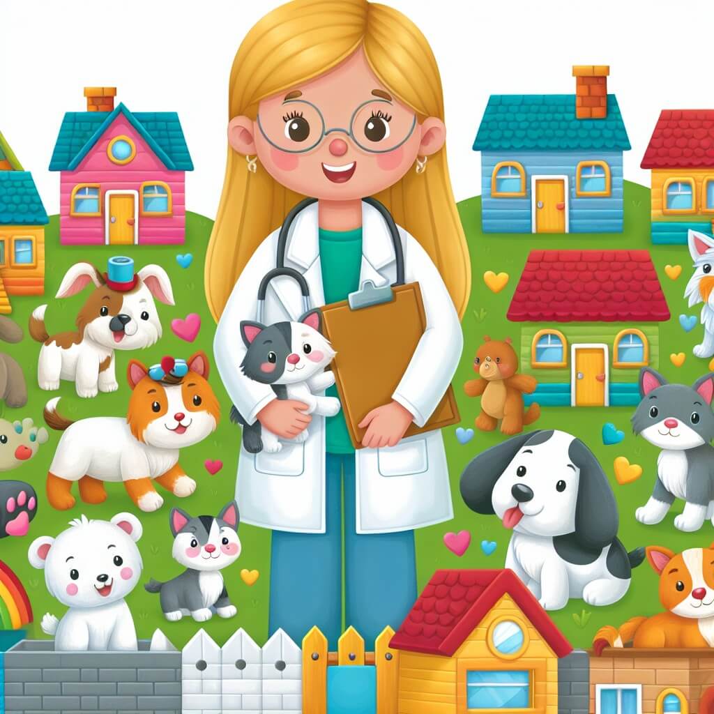 Une illustration destinée aux enfants représentant une femme vétérinaire bienveillante, entourée d'animaux joyeux, dans sa clinique colorée située au cœur d'une petite ville remplie de maisons en forme d'animaux.