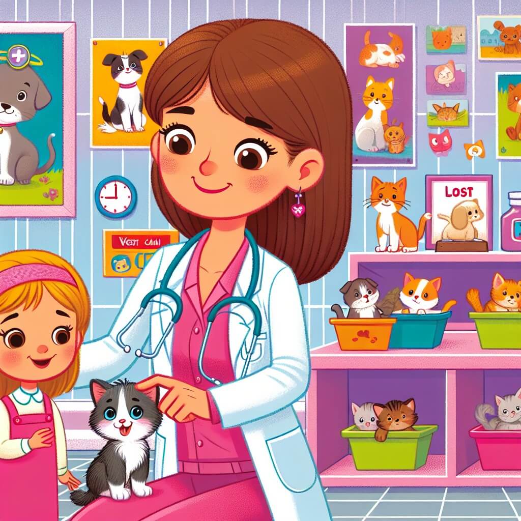 Une illustration destinée aux enfants représentant une femme vétérinaire passionnée des animaux, qui travaille dans une clinique aux murs colorés, remplie de posters et de photos d'animaux, où elle rencontre un adorable chaton perdu avec l'aide d'une petite fille débordante de gentillesse.