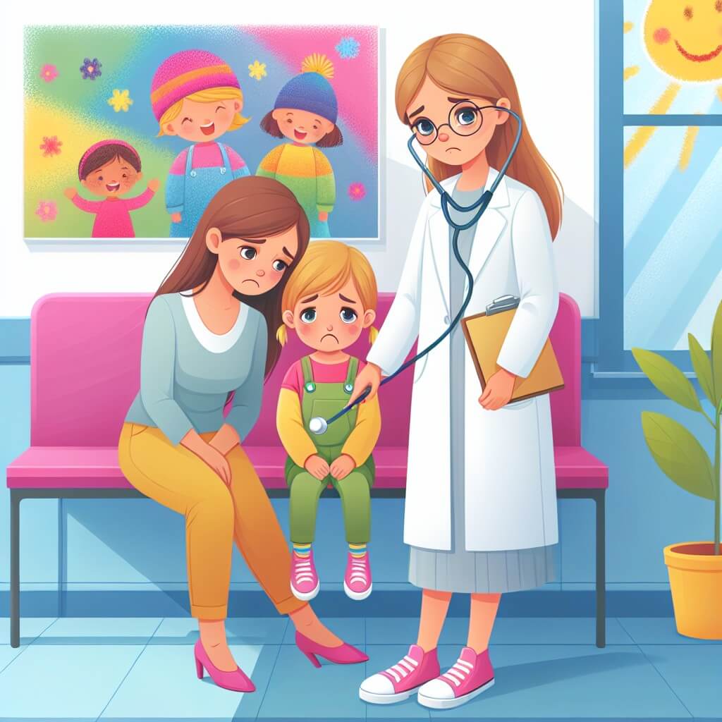 Une illustration destinée aux enfants représentant une femme médecin bienveillante dans son bureau coloré, accompagnée d'une petite fille triste et de sa maman, dans une salle d'attente lumineuse avec des murs décorés de dessins joyeux.