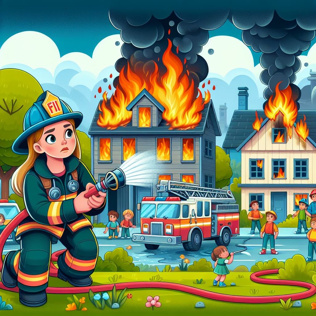 Une illustration destinée aux enfants représentant une femme pompier courageuse et déterminée, tenant une lance à incendie, prête à combattre un incendie avec l'aide de ses collègues, devant une grande maison en feu, avec des flammes vives et de la fumée épaisse s'échappant des fenêtres, le tout se déroulant dans une petite ville animée avec des maisons colorées, des arbres verdoyants et des enfants curieux observant la scène avec admiration depuis le trottoir.
