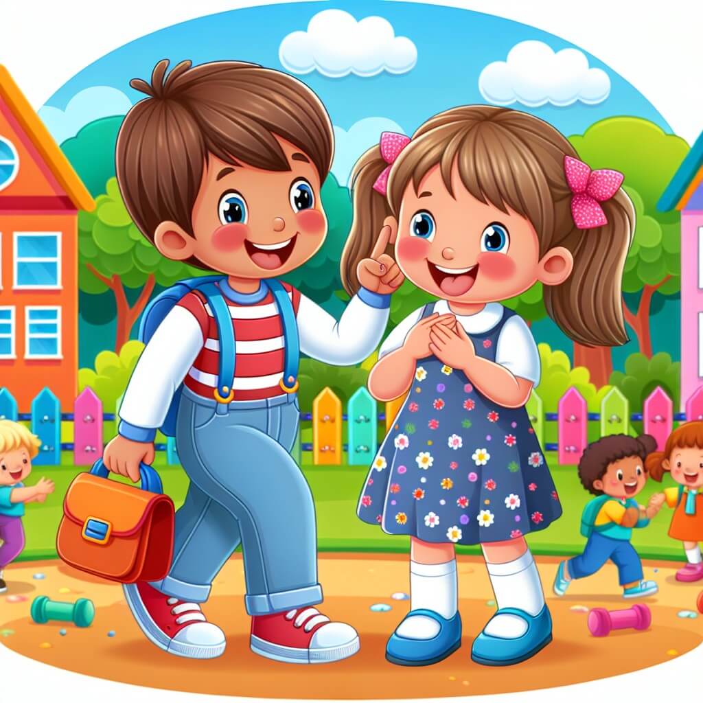 Une illustration destinée aux enfants représentant une petite fille souriante, confrontée au harcèlement à l'école, avec l'aide d'une amie fidèle, dans une cour d'école colorée et animée par des jeux et des rires.