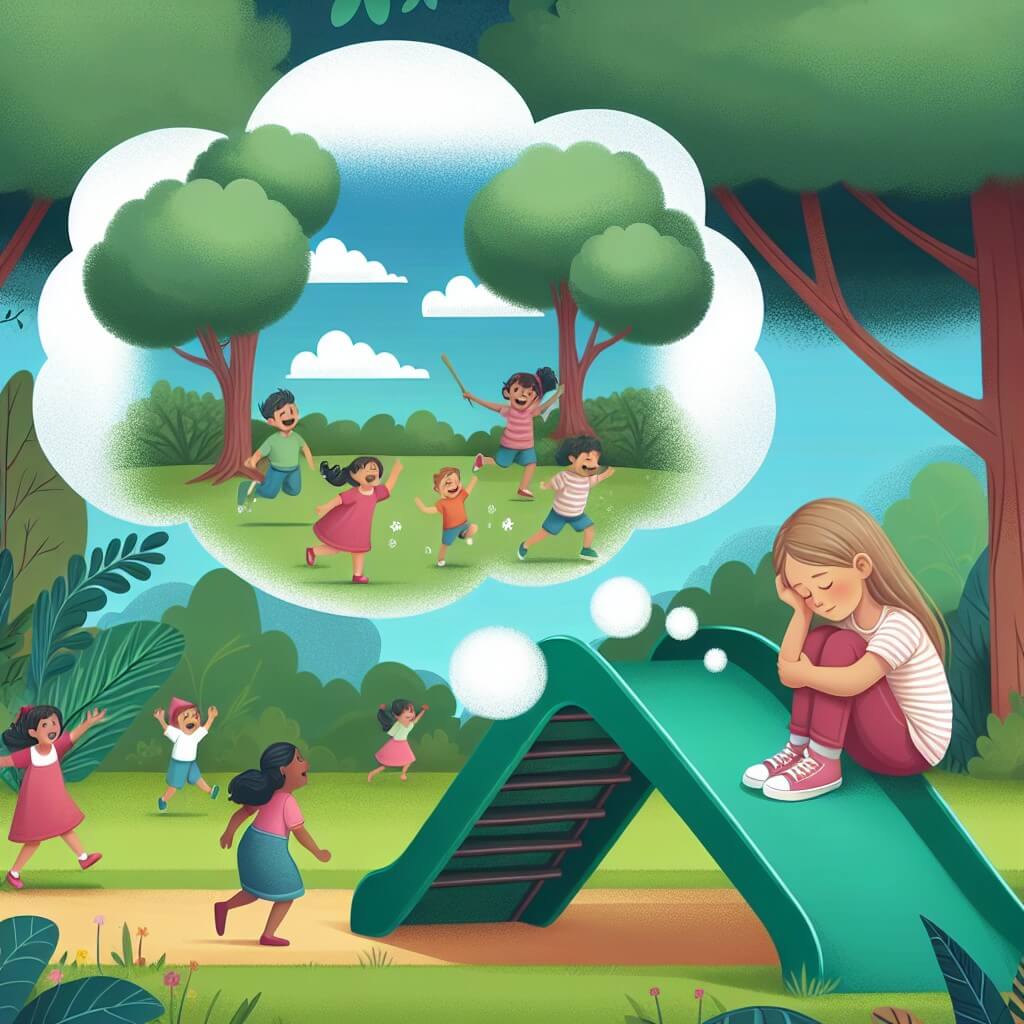 Une illustration destinée aux enfants représentant une petite fille rêveuse, confrontée à sa peur de grimper sur un grand toboggan dans un parc luxuriant avec des arbres verdoyants et des enfants joyeux qui jouent autour d'elle.