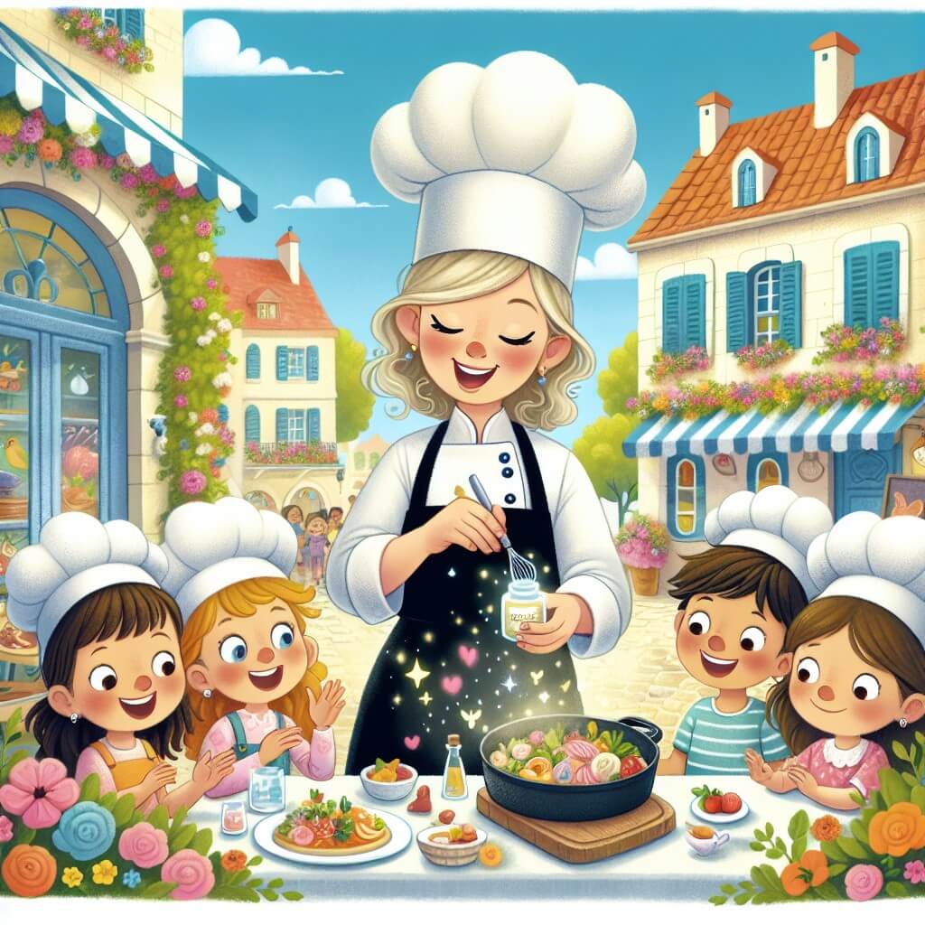 Une illustration destinée aux enfants représentant une talentueuse chef cuisinière, vêtue d'une toque blanche et d'un tablier coloré, qui prépare de délicieux plats magiques avec l'aide d'un groupe d'enfants, dans un charmant bistro situé au cœur d'une petite ville ensoleillée, entouré de fleurs colorées et d'arômes alléchants.