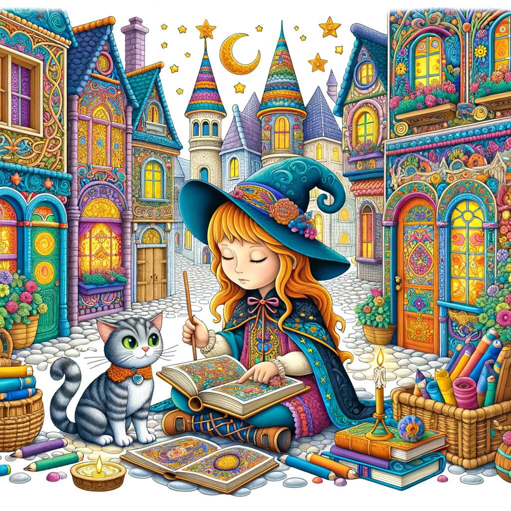 Une illustration destinée aux enfants représentant une apprentie sorcière, plongée dans une situation magique, accompagnée d'un chat parlant, dans un village enchanteur aux maisons colorées et aux ruelles pavées de pétales de fleurs.