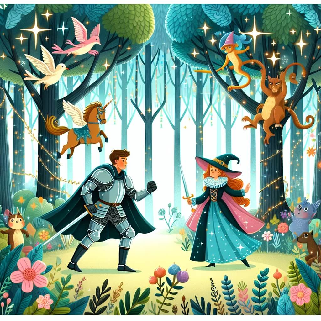 Une illustration destinée aux enfants représentant un jeune homme courageux, vêtu d'une armure étincelante, affrontant une sorcière maléfique dans une forêt enchantée, ornée de majestueux arbres aux feuilles scintillantes et de fleurs lumineuses, où des créatures magiques dansent joyeusement.