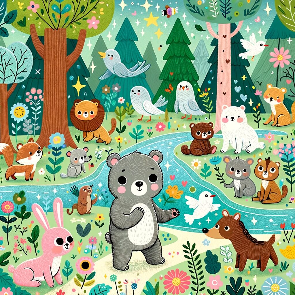 Une illustration destinée aux enfants représentant un ourson curieux et joueur, accompagné d'animaux farfelus, dans une forêt enchantée remplie de fleurs multicolores, d'arbres qui parlent et de rivières scintillantes.