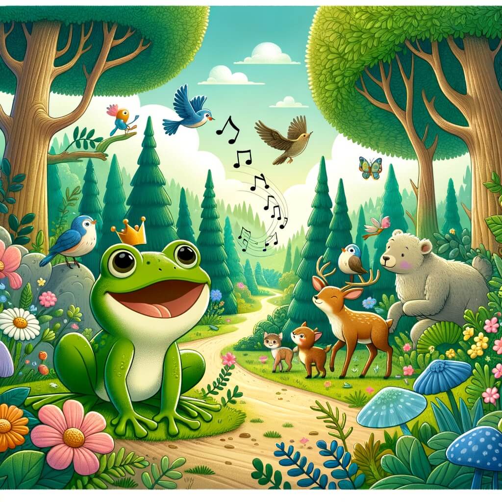 Une illustration destinée aux enfants représentant une grenouille espiègle et curieuse qui se lance dans une quête pour trouver un trésor caché avec l'aide d'amis animaux, dans une forêt enchantée remplie d'arbres majestueux, de fleurs colorées et d'oiseaux chanteurs.