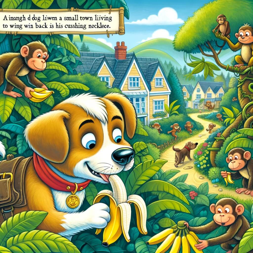 Une illustration destinée aux enfants représentant un chien espiègle, vivant dans une petite ville appelée Pawsville, qui part à l'aventure dans une jungle luxuriante habitée par des singes malicieux, où il devra gagner un concours de dégustation de bananes pour récupérer son précieux collier.