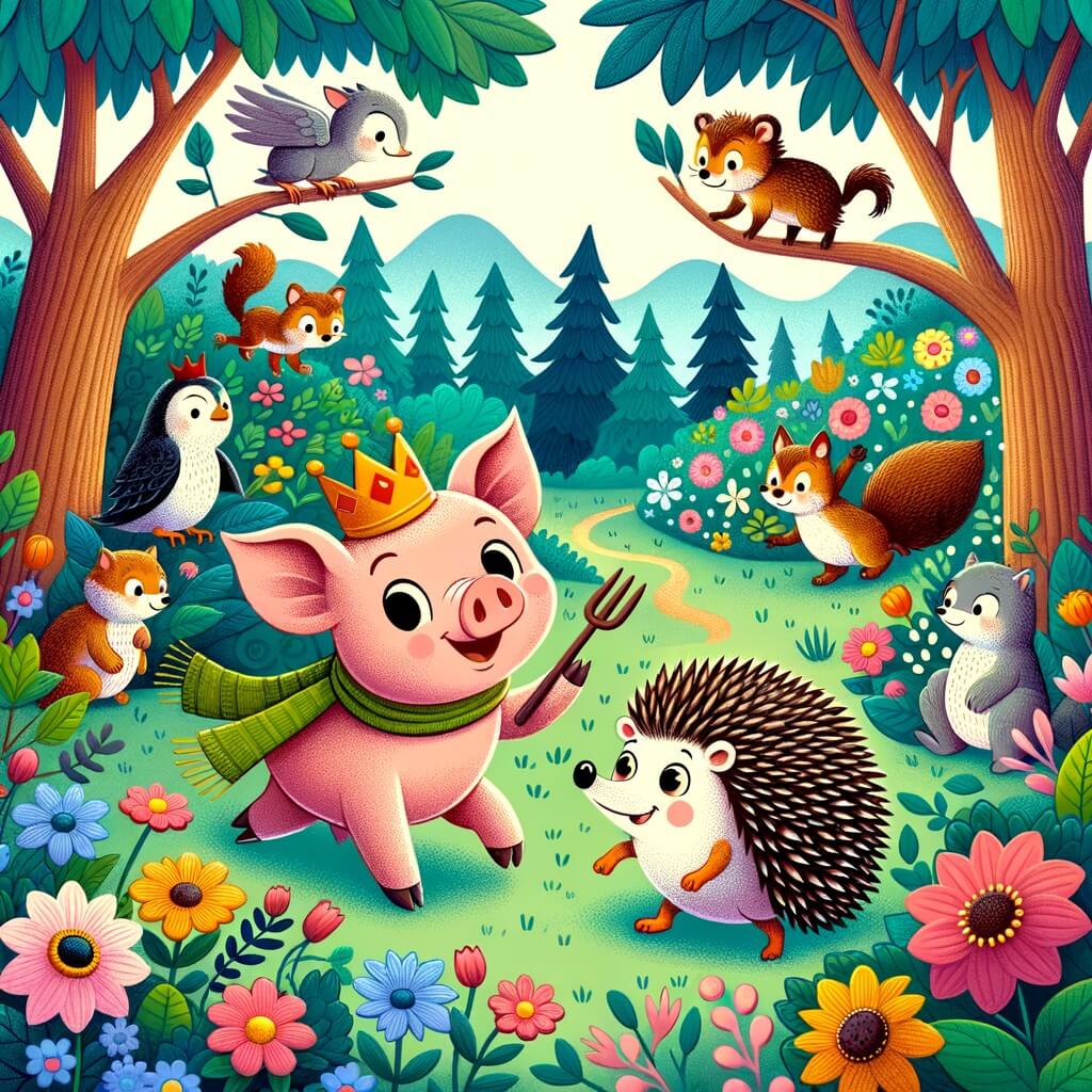 Une illustration destinée aux enfants représentant un cochon intrépide et curieux, accompagné d'un joyeux hérisson, explorant une forêt enchantée remplie de fleurs colorées, arbres majestueux et animaux amicaux qui parlent.