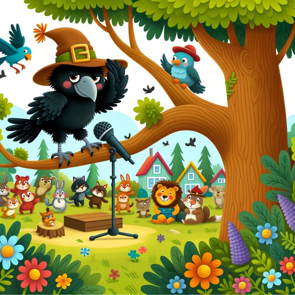 Une illustration destinée aux enfants représentant un corbeau facétieux, perché sur une branche d'un grand chêne, se préparant à participer à un concours de talents avec une joyeuse bande d'animaux dans une petite ville forestière pittoresque, entourée de fleurs colorées et de buissons verdoyants.