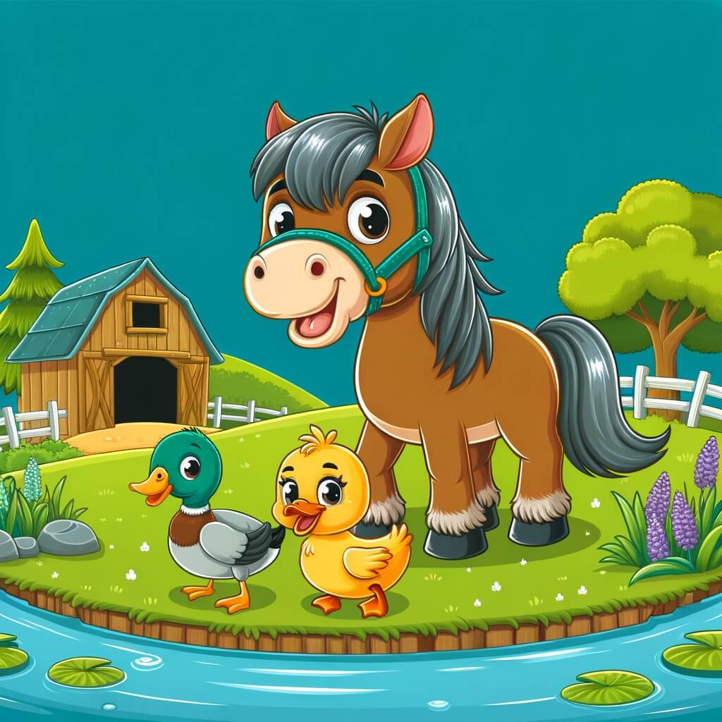 Une illustration destinée aux enfants représentant un cheval malicieux et charmant, accompagné d'un petit canard, vivant des aventures amusantes dans une écurie confortable, entourée d'une campagne verdoyante et d'un étang étincelant.