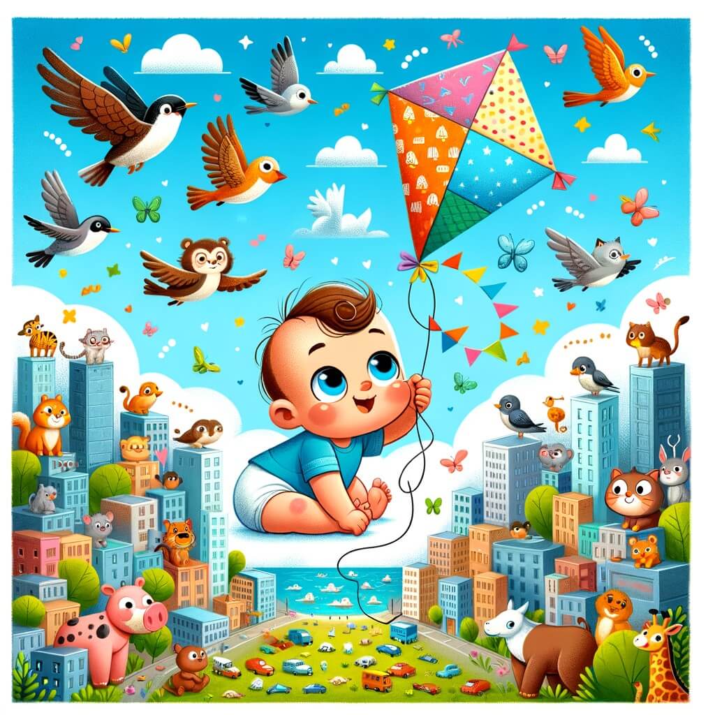 Une illustration destinée aux enfants représentant un adorable marmot curieux se retrouvant accroché à un cerf-volant coloré, tandis que des oiseaux l'entourent dans un ciel bleu éclatant, au-dessus d'une ville animée avec des animaux de toutes sortes vaquant à leurs occupations.