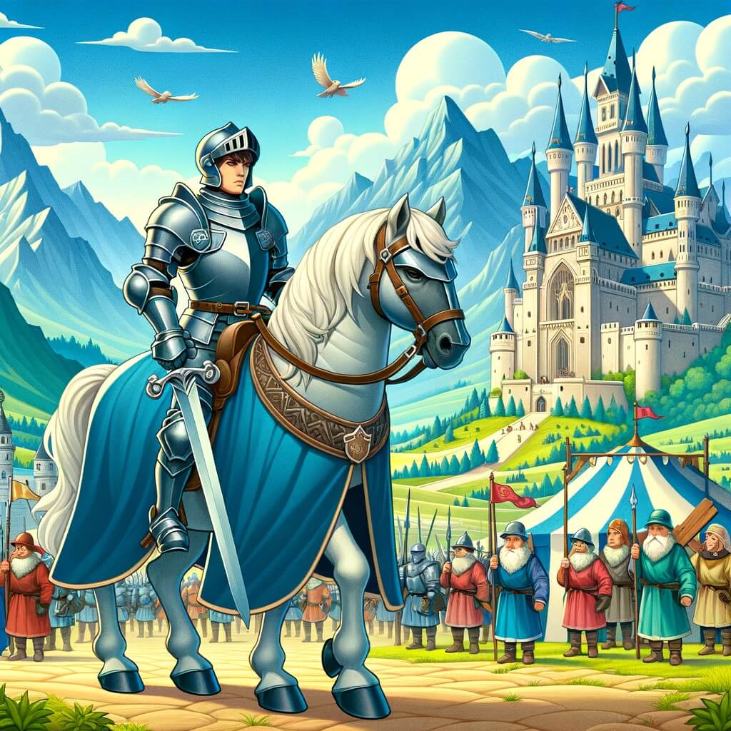Une illustration destinée aux enfants représentant un courageux chevalier, prêt à affronter de redoutables défis, accompagné de son fidèle destrier, dans le magnifique royaume médiéval où se déroulera le grand tournoi.