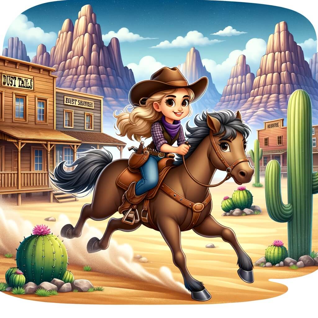 Une illustration destinée aux enfants représentant une cowgirl audacieuse, chevauchant à toute vitesse dans les vastes plaines du Far West, accompagnée d'un fidèle cheval brun, à la recherche d'aventures palpitantes dans la ville poussiéreuse de Dusty Trails, avec des saloons en bois, des cactus géants et des montagnes majestueuses en toile de fond.