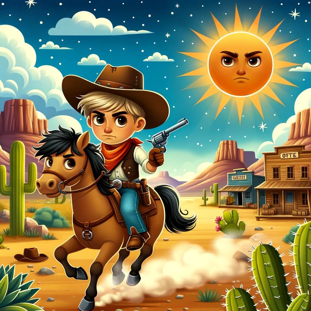 Une illustration destinée aux enfants représentant un jeune cow-boy courageux, défiant des hors-la-loi dans une petite ville poussiéreuse du Far West, avec son fidèle cheval par ses côtés, sous un soleil brûlant et un ciel d'un bleu éclatant parsemé de cactus et de montagnes majestueuses en arrière-plan.