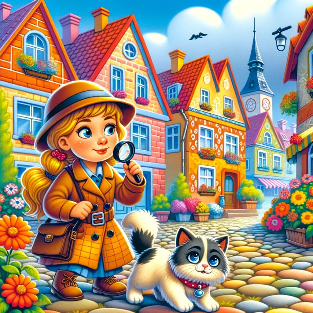 Une illustration destinée aux enfants représentant une femme détective intrépide, accompagnée de son fidèle ami à fourrure, enquêtant sur la mystérieuse disparition d'un chat adoré, dans une petite ville pittoresque entourée de maisons colorées et de ruelles pavées, où les fleurs fleurissent joyeusement.