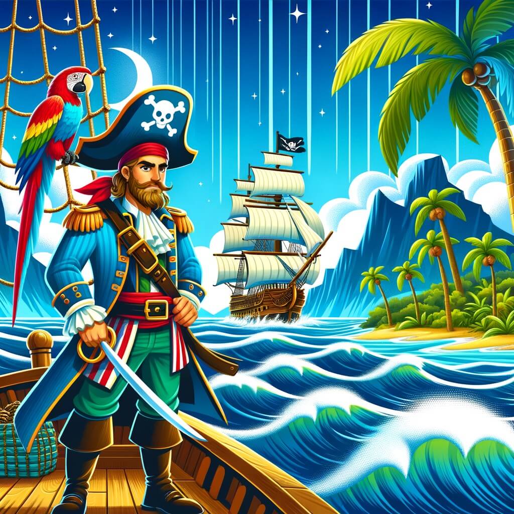 Une illustration destinée aux enfants représentant un courageux capitaine pirate, se tenant sur le pont de son majestueux navire, accompagné d'un perroquet coloré, naviguant à travers des vagues tumultueuses vers une île mystérieuse remplie de palmiers balançant sous un ciel bleu éclatant.