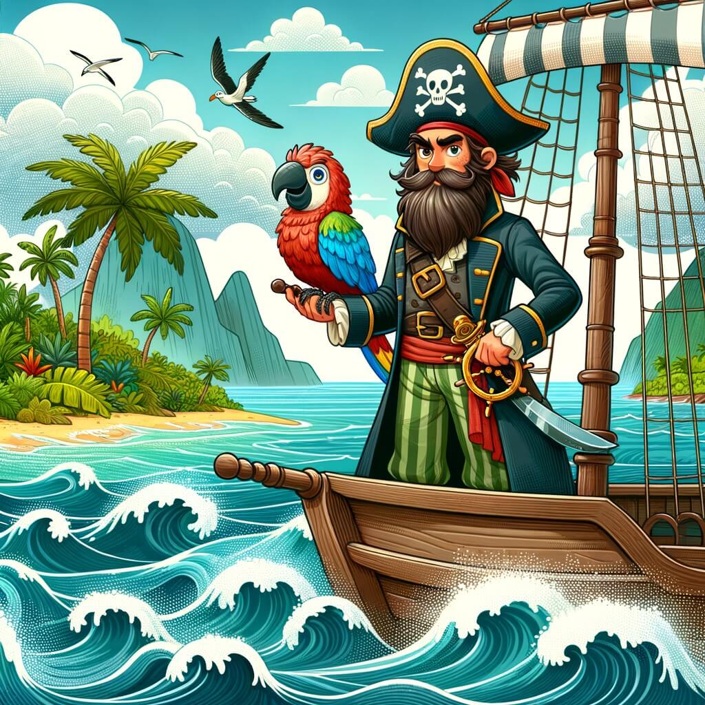 Une illustration destinée aux enfants représentant un intrépide capitaine pirate à la barbe hirsute, se tenant fièrement sur le pont de son navire, accompagné d'un perroquet bavard, naviguant sur une mer scintillante parsemée d'îles tropicales luxuriantes et de vagues tumultueuses.