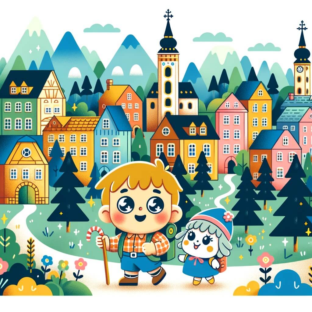 Une illustration destinée aux enfants représentant un petit garçon curieux et aventureux, accompagné d'un nouvel ami aux yeux pétillants, explorant un village pittoresque rempli de maisons colorées, de rues animées et d'une forêt enchantée.