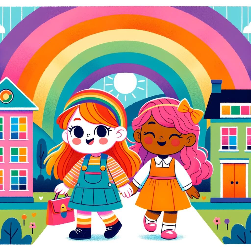 Une illustration destinée aux enfants représentant une petite fille curieuse et pleine de vie, accompagnée d'une amie aux cheveux rose vif, découvrant un monde coloré rempli de diversité dans une école aux murs peints de toutes les couleurs de l'arc-en-ciel, située au cœur de la charmante ville ensoleillée de Sunnyville.