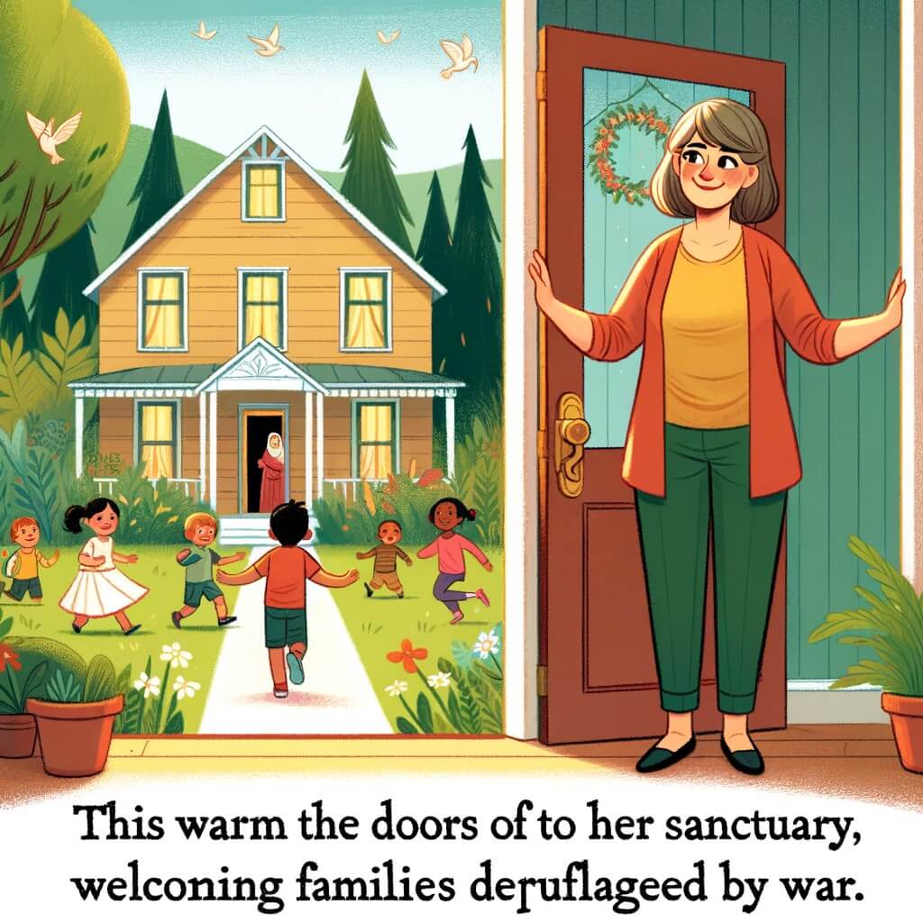 Une illustration destinée aux enfants représentant une femme au sourire chaleureux, ouvrant les portes de sa maison transformée en refuge, accueillant des familles déplacées par la guerre, entourée d'enfants qui jouent et d'une nature luxuriante, dans une petite ville paisible appelée Meadowville.