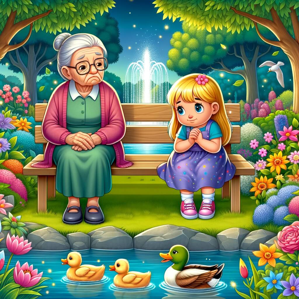 Une illustration destinée aux enfants représentant une petite fille aux cheveux dorés, assise sur un banc de parc à côté d'une vieille dame triste, dans un jardin luxuriant rempli de fleurs colorées et de canards nageant dans un étang scintillant.