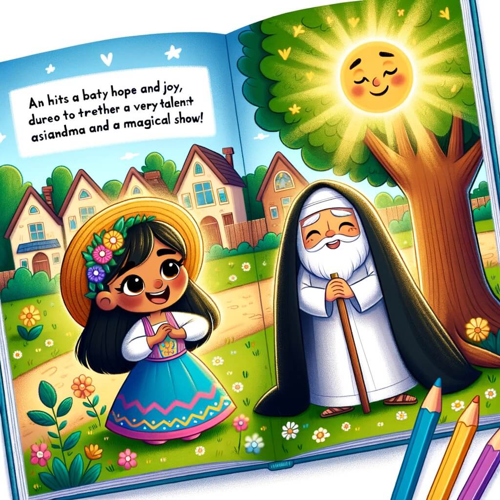 Une illustration destinée aux enfants représentant une petite fille au sourire étincelant, vivant dans un village ensoleillé et entourée de nature luxuriante, qui rencontre un garçon triste et démunis sous un arbre, et ensemble, ils trouvent l'espoir et la joie grâce à une talentueuse grand-mère et un spectacle magique.