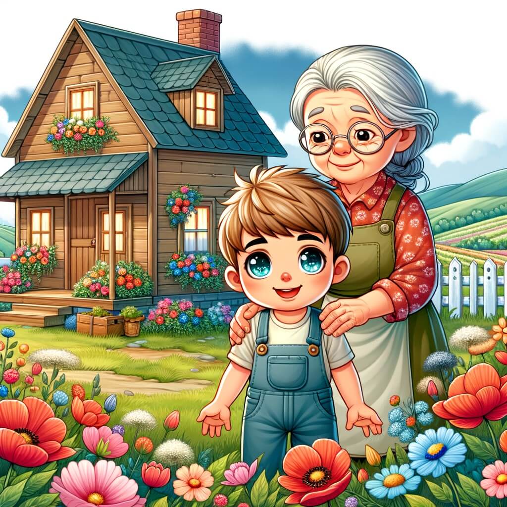 Une illustration destinée aux enfants représentant un petit garçon aux yeux brillants, vivant dans une modeste maisonnette entourée de magnifiques champs fleuris, accompagné de sa bienveillante grand-mère, dans une petite ville appelée Meadowville, où ils font face aux défis de la pauvreté avec amour et courage.