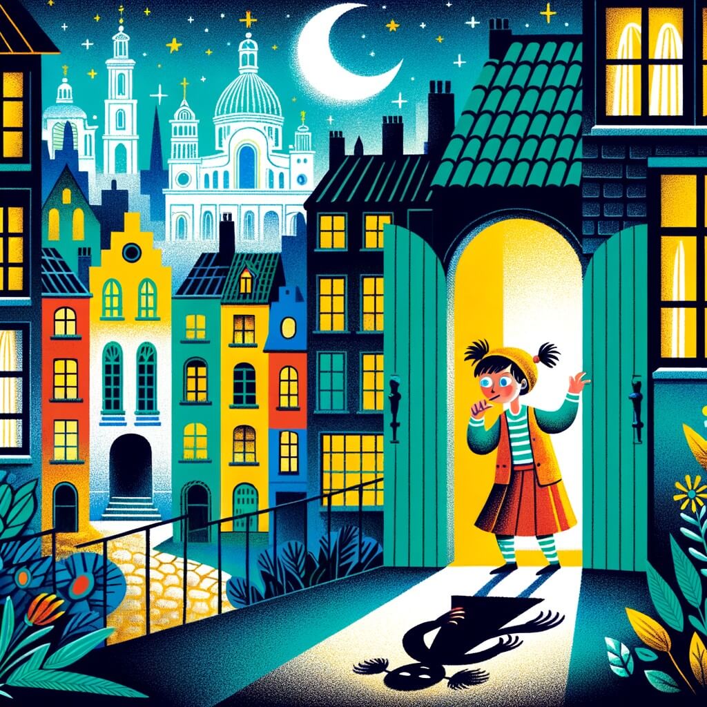 Une illustration destinée aux enfants représentant une petite fille pleine d'imagination, confrontée à sa peur du noir, découvrant un ami mystérieux dans les ombres de sa chambre, dans une ville paisible bordée de maisons colorées et de ruelles étroites, où les rayons de lune se faufilent à travers les fenêtres.