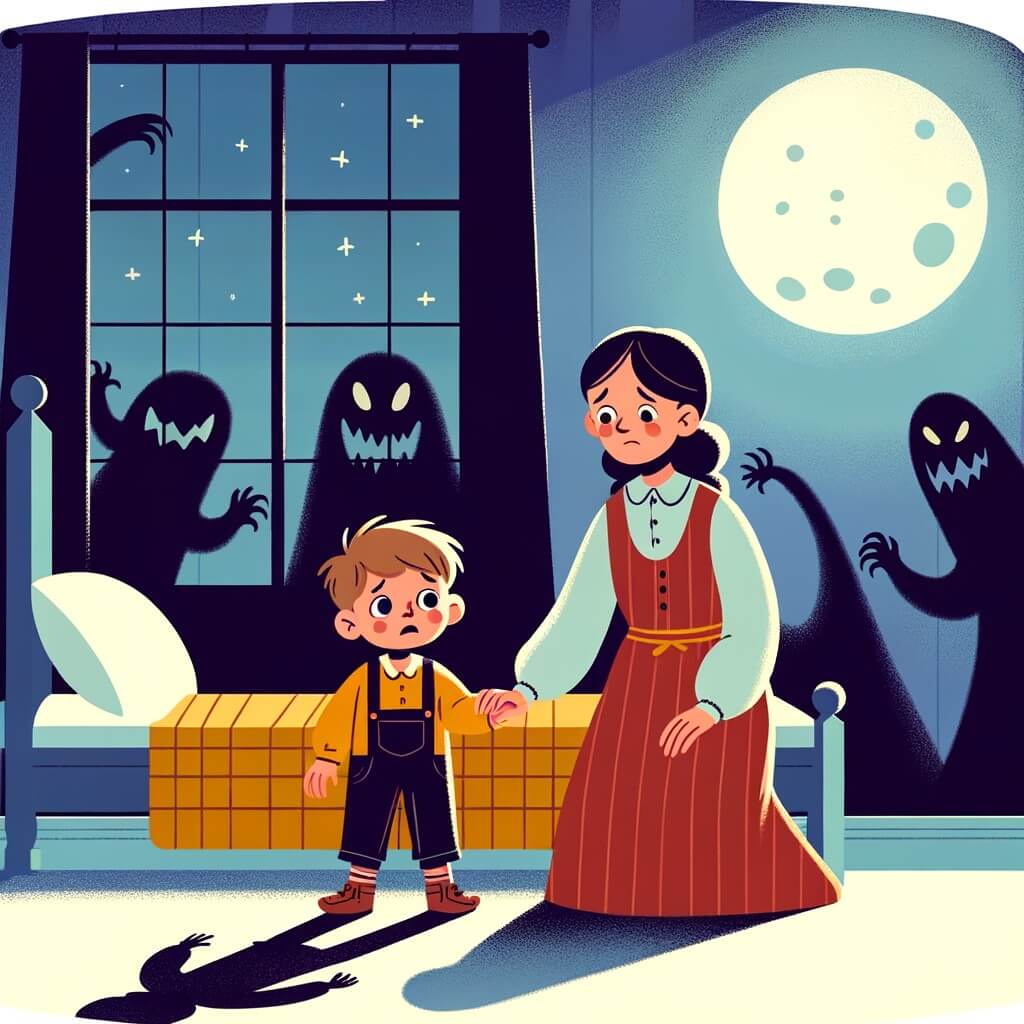 Une illustration destinée aux enfants représentant un petit garçon courageux, terrifié par les ombres dans sa chambre, accompagné de sa maman bienveillante, dans une chambre douillette avec une grande fenêtre laissant entrer la lumière de la lune et des ombres mystérieuses dansantes sur les murs.