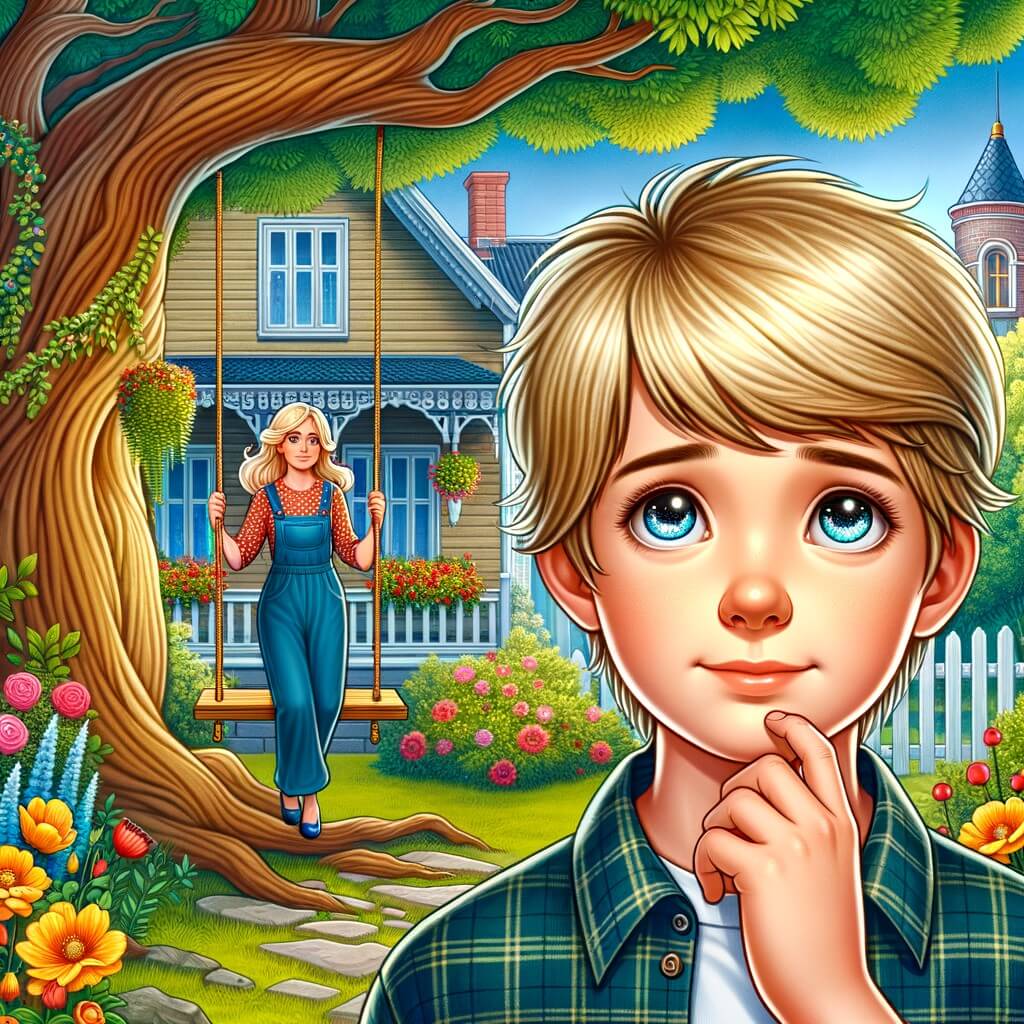 Une illustration destinée aux enfants représentant un petit garçon aux cheveux blonds et aux yeux pétillants, vivant une situation difficile suite à la séparation de ses parents, accompagné d'un soutien inconditionnel de sa maman, dans une charmante maison avec un jardin verdoyant, des fleurs colorées et un balançoire accrochée à un grand arbre majestueux.
