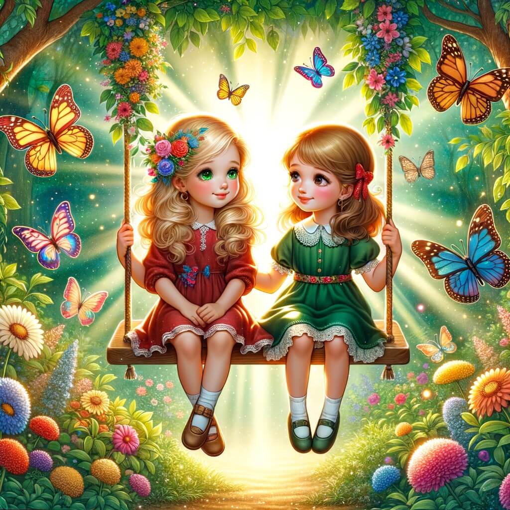 Une illustration destinée aux enfants représentant une petite fille aux cheveux dorés, entourée d'une nature luxuriante et de papillons colorés, faisant face à la séparation de ses parents, avec pour soutien une meilleure amie aux cheveux bruns, assises sur une balançoire dans un jardin enchanteur parsemé de fleurs multicolores et baigné par la lumière douce du soleil.