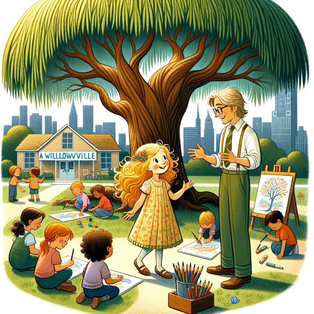 Une illustration destinée aux enfants représentant une petite fille aux cheveux d'or, curieuse et lumineuse, qui découvre un centre communautaire animé dans la ville colorée de Willowville, où elle fait la rencontre bienveillante de la chaleureuse professeure d'art, entourée d'enfants qui dessinent sous un majestueux chêne.