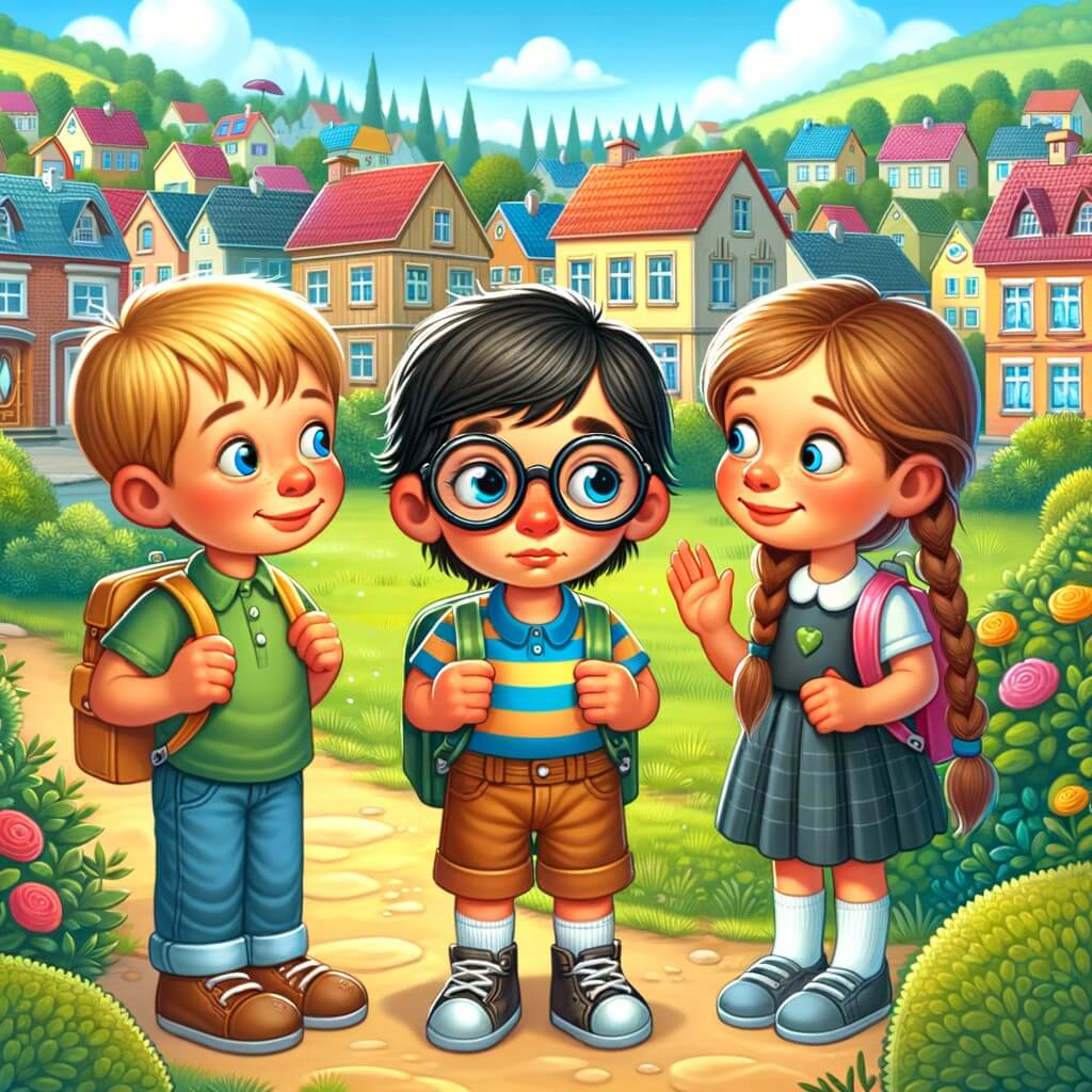 Une illustration destinée aux enfants représentant un petit garçon curieux, accompagné d'une fille aux cheveux tressés, rencontrant un nouveau camarade solitaire avec de grandes lunettes, dans une petite ville ensoleillée entourée de maisons colorées et d'un parc verdoyant.