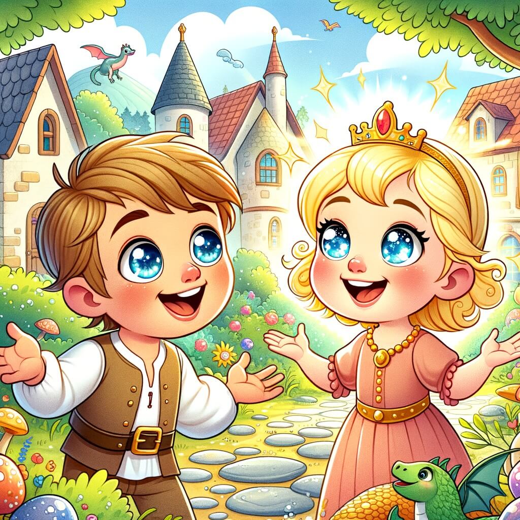 Une illustration destinée aux enfants représentant un petit garçon curieux et joyeux, faisant la rencontre d'une fille aux yeux bleus étincelants, dans un village ensoleillé entouré d'une forêt magique remplie de trésors cachés et de créatures mystérieuses.