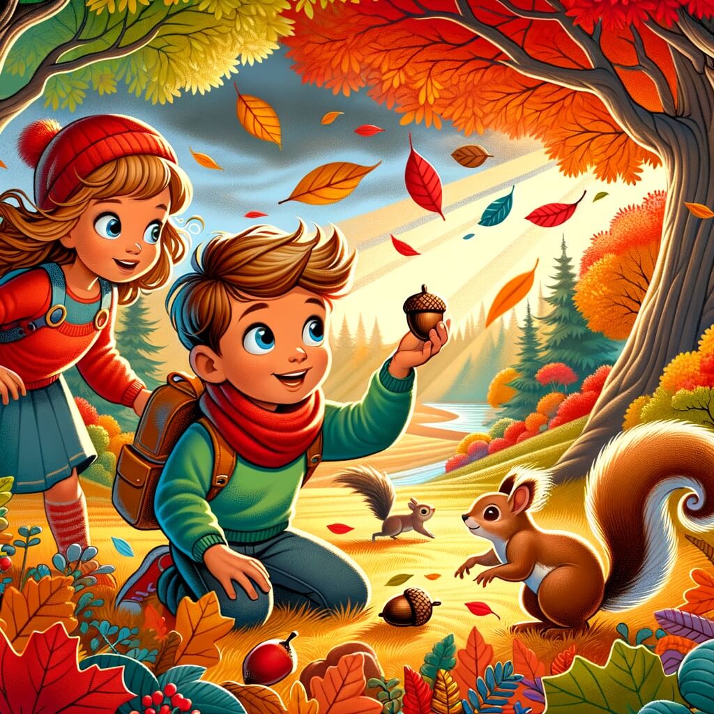 Une illustration destinée aux enfants représentant un petit garçon curieux et aventurier, découvrant un mystérieux acorn dans un parc aux couleurs automnales, accompagné de son amie imaginative et d'un écureuil espiègle, dans un paysage où les feuilles tombent en tourbillonnant et les arbres se parent de teintes éclatantes de rouge, orange et jaune.